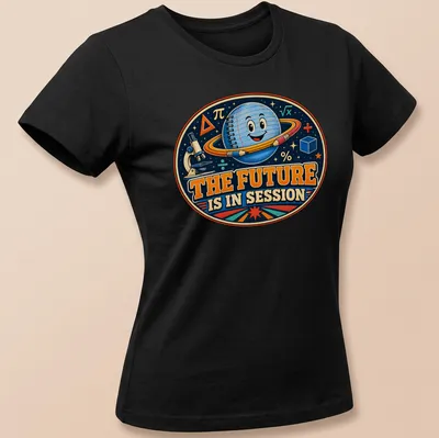 Retro shirt featuring a smiling space planet with the phrase 'The Future Is In Session' — printed on a women's shirt