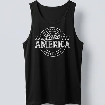 Vintage distressed design featuring text about America's greatest lake — printed on a tank top