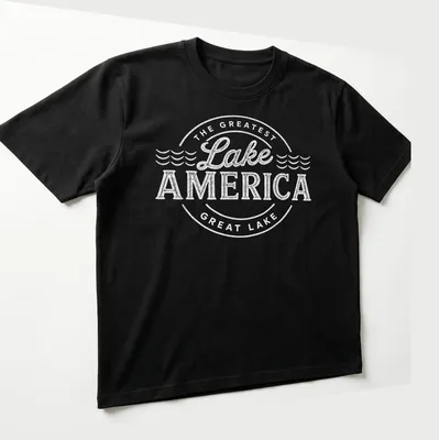Vintage distressed design featuring text about America's greatest lake — printed on a unisex t-shirt (angled view)