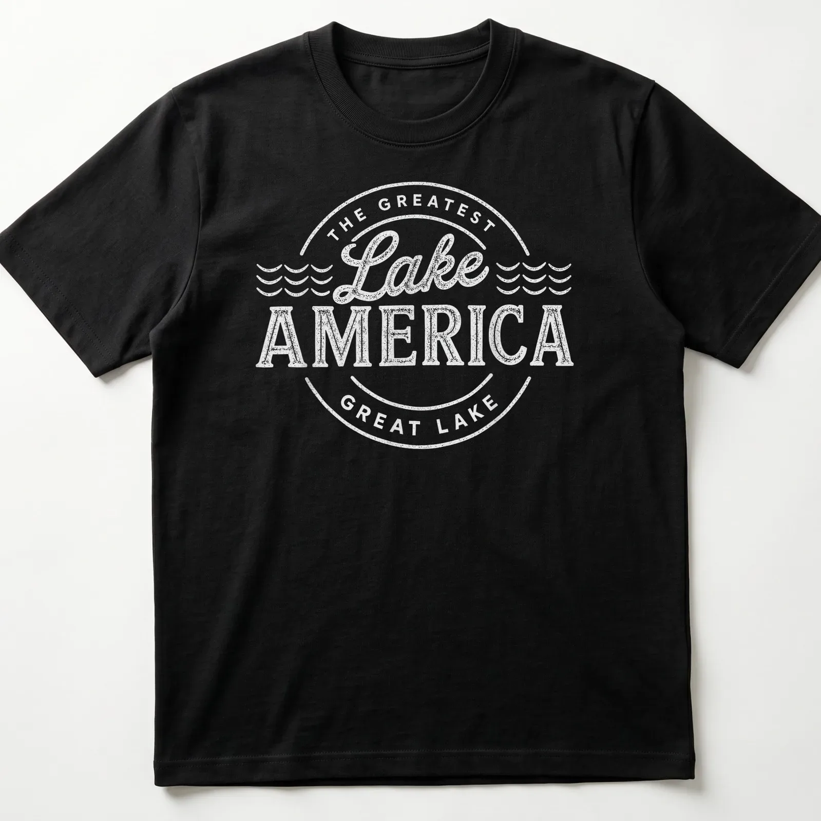 Vintage distressed design featuring text about America's greatest lake — printed on a unisex t-shirt