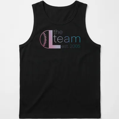 Modern gradient design with text 'the L team est. 2005' in pink, blue, and white — printed on a tank top