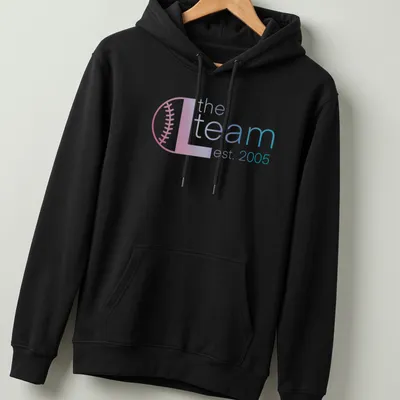 Modern gradient design with text 'the L team est. 2005' in pink, blue, and white — printed on a unisex hoodie