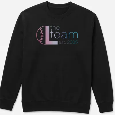 Modern gradient design with text 'the L team est. 2005' in pink, blue, and white — printed on a unisex sweatshirt