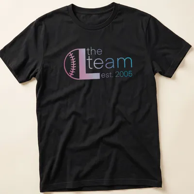 Modern gradient design with text 'the L team est. 2005' in pink, blue, and white