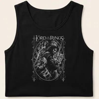 Black and white illustration of Aragorn with text 'THE LORD of the RINGS' — printed on a tank top