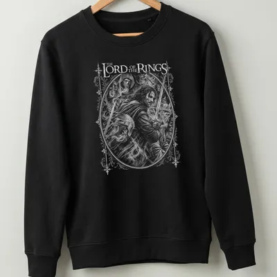 Black and white illustration of Aragorn with text 'THE LORD of the RINGS' — printed on a unisex sweatshirt