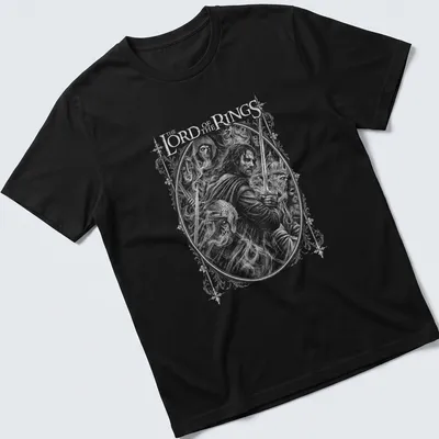 Black and white illustration of Aragorn with text 'THE LORD of the RINGS' — printed on a unisex t-shirt