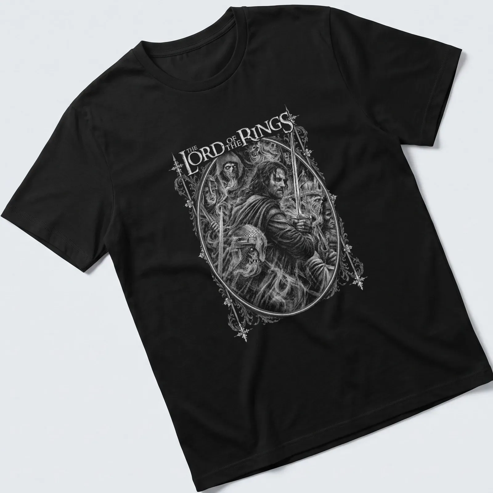 Black and white illustration of Aragorn with text 'THE LORD of the RINGS' — printed on a unisex t-shirt
