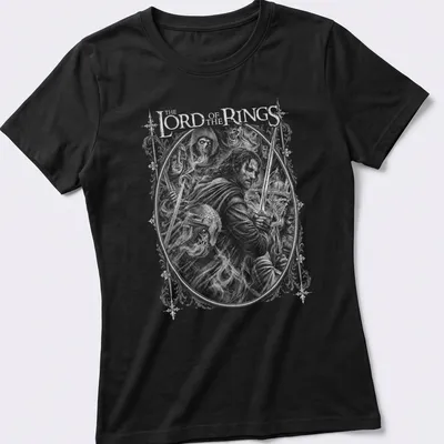Black and white illustration of Aragorn with text 'THE LORD of the RINGS' — printed on a women's shirt