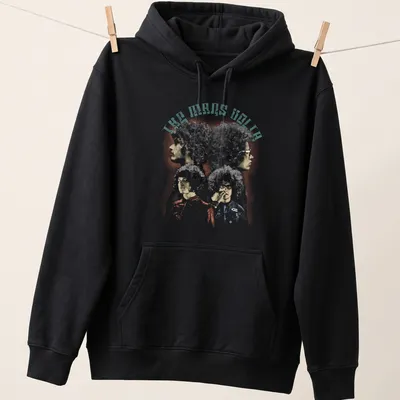 Retro distressed Mars Volta t-shirt featuring band members with curly hair — printed on a unisex hoodie