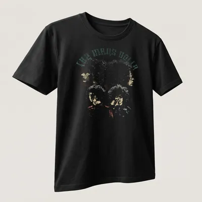 Retro distressed Mars Volta t-shirt featuring band members with curly hair — printed on a unisex t-shirt (angled view)
