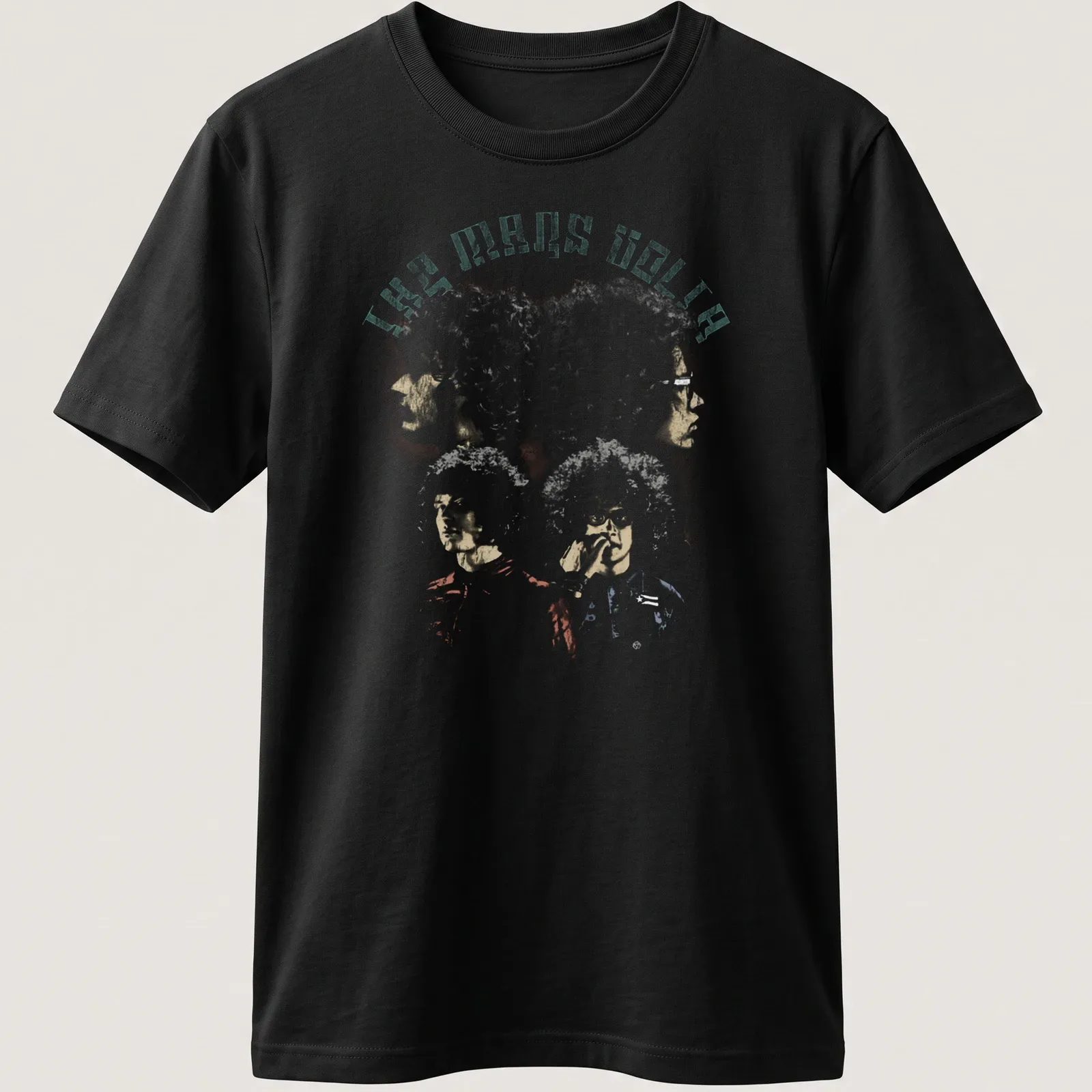 Retro distressed Mars Volta t-shirt featuring band members with curly hair — printed on a unisex t-shirt