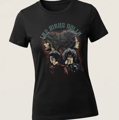 Retro distressed Mars Volta t-shirt featuring band members with curly hair — printed on a women's shirt