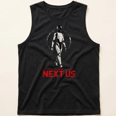 Futuristic humanoid robot silhouette with bold text on a sci-fi themed — printed on a tank top