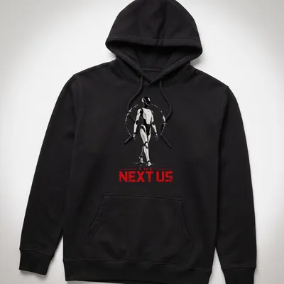 Futuristic humanoid robot silhouette with bold text on a sci-fi themed — printed on a unisex hoodie