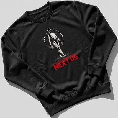 Futuristic humanoid robot silhouette with bold text on a sci-fi themed — printed on a unisex sweatshirt