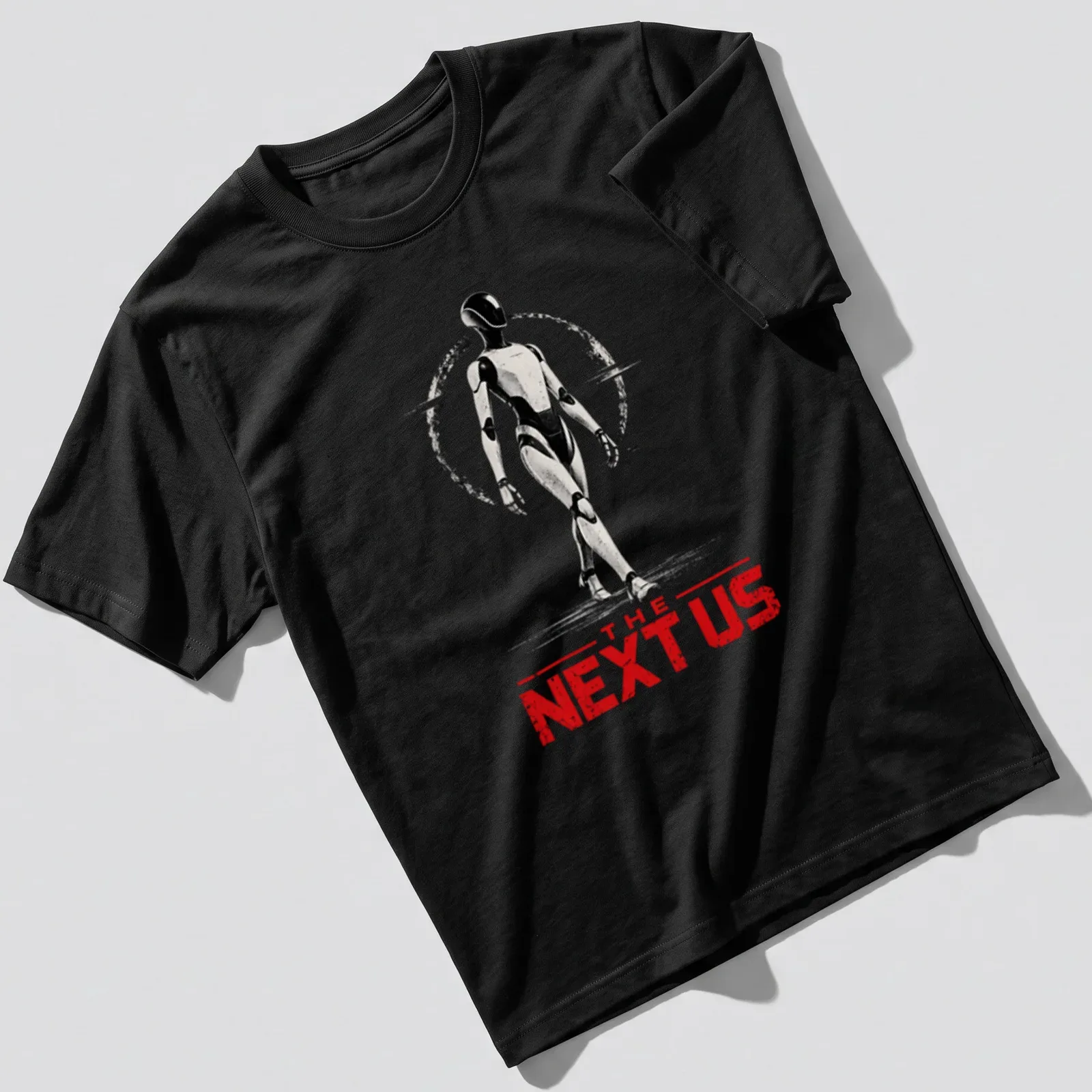 Futuristic humanoid robot silhouette with bold text on a sci-fi themed — printed on a unisex t-shirt