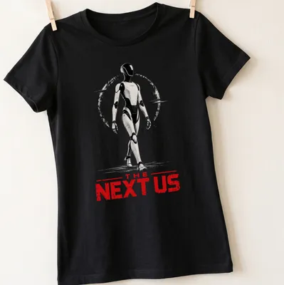 Futuristic humanoid robot silhouette with bold text on a sci-fi themed — printed on a women's shirt