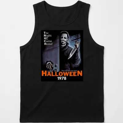 Retro horror t-shirt featuring Michael Myers and Halloween 1978 text in black, orange, white, and gray. — printed on a tank top