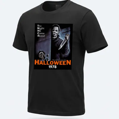 Retro horror t-shirt featuring Michael Myers and Halloween 1978 text in black, orange, white, and gray. — printed on a unisex t-shirt