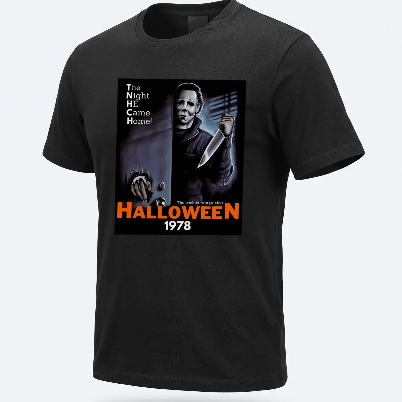 Retro horror t-shirt featuring Michael Myers and Halloween 1978 text in black, orange, white, and gray. — printed on a unisex t-shirt