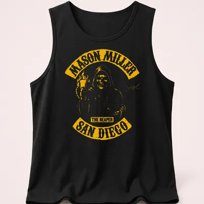 Graphic of a grim reaper holding a baseball bat with bold text — printed on a tank top