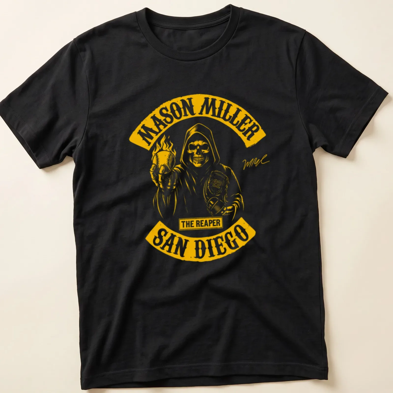 Graphic of a grim reaper holding a baseball bat with bold text — printed on a unisex t-shirt