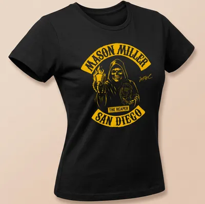 Graphic of a grim reaper holding a baseball bat with bold text — printed on a women's shirt