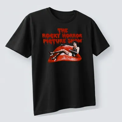 Vintage Dr. Frank T-shirt featuring The Rocky Horror Picture Show title in bold lettering — printed on a unisex t-shirt (angled view)
