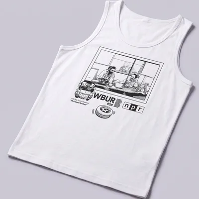Line-art illustration of two men discussing cars on The Tappet Brothers — printed on a tank top