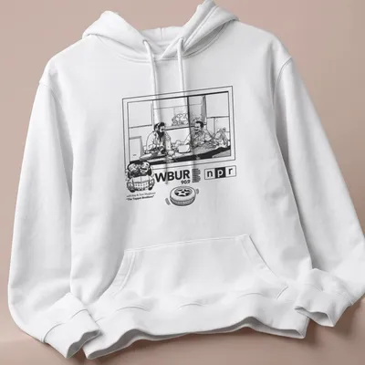 Line-art illustration of two men discussing cars on The Tappet Brothers — printed on a unisex hoodie