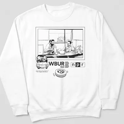 Line-art illustration of two men discussing cars on The Tappet Brothers — printed on a unisex sweatshirt