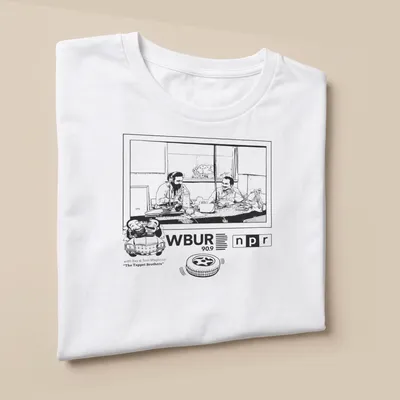 Line-art illustration of two men discussing cars on The Tappet Brothers — printed on a unisex t-shirt (angled view)