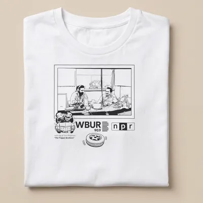 Line-art illustration of two men discussing cars on The Tappet Brothers t-shirt