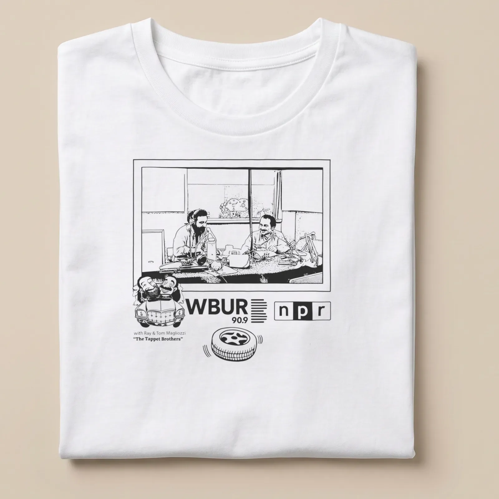 Line-art illustration of two men discussing cars on The Tappet Brothers — printed on a unisex t-shirt