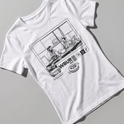 Line-art illustration of two men discussing cars on The Tappet Brothers — printed on a women's shirt