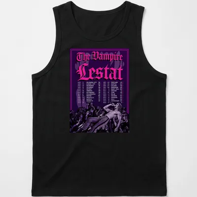 Gothic-style Vampire Lestat concert schedule t-shirt in purple, black, and pink — printed on a tank top
