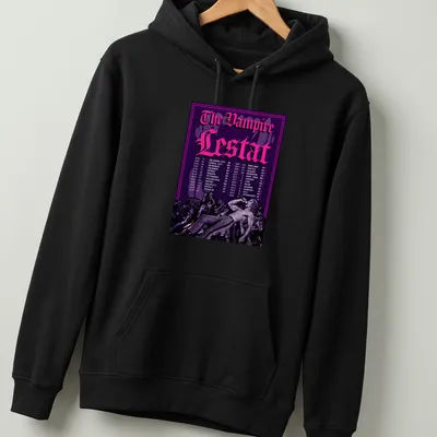 Gothic-style Vampire Lestat concert schedule t-shirt in purple, black, and pink — printed on a unisex hoodie