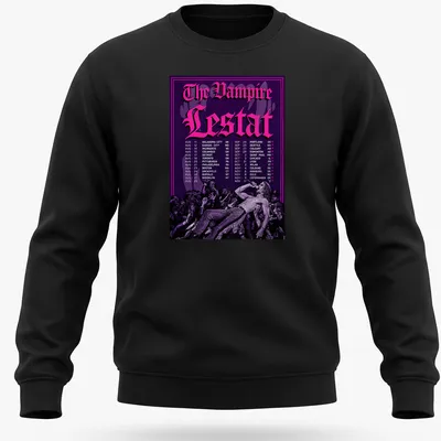 Gothic-style Vampire Lestat concert schedule t-shirt in purple, black, and pink — printed on a unisex sweatshirt