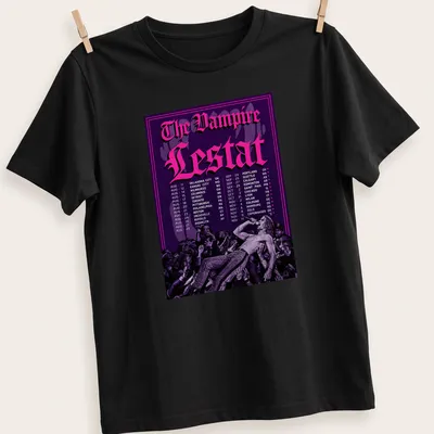 Gothic-style Vampire Lestat concert schedule t-shirt in purple, black, and pink