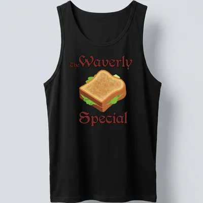 Cartoon-style T-shirt featuring a whimsical sandwich illustration and the text 'The Waverly Special'. — printed on a tank top