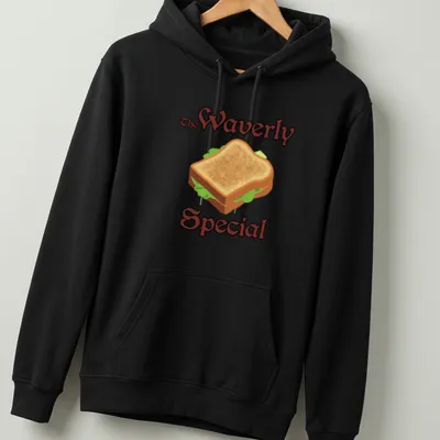 Cartoon-style T-shirt featuring a whimsical sandwich illustration and the text 'The Waverly Special'. — printed on a unisex hoodie