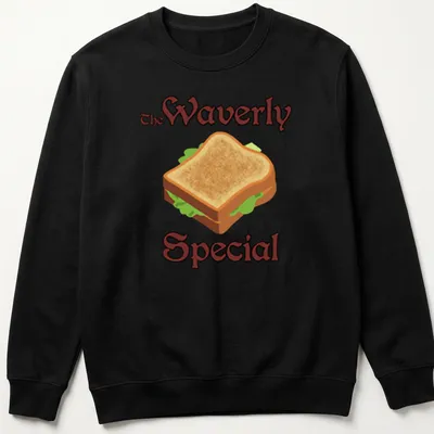 Cartoon-style T-shirt featuring a whimsical sandwich illustration and the text 'The Waverly Special'. — printed on a unisex sweatshirt