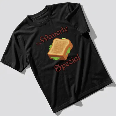 Cartoon-style T-shirt featuring a whimsical sandwich illustration and the text 'The Waverly Special'.