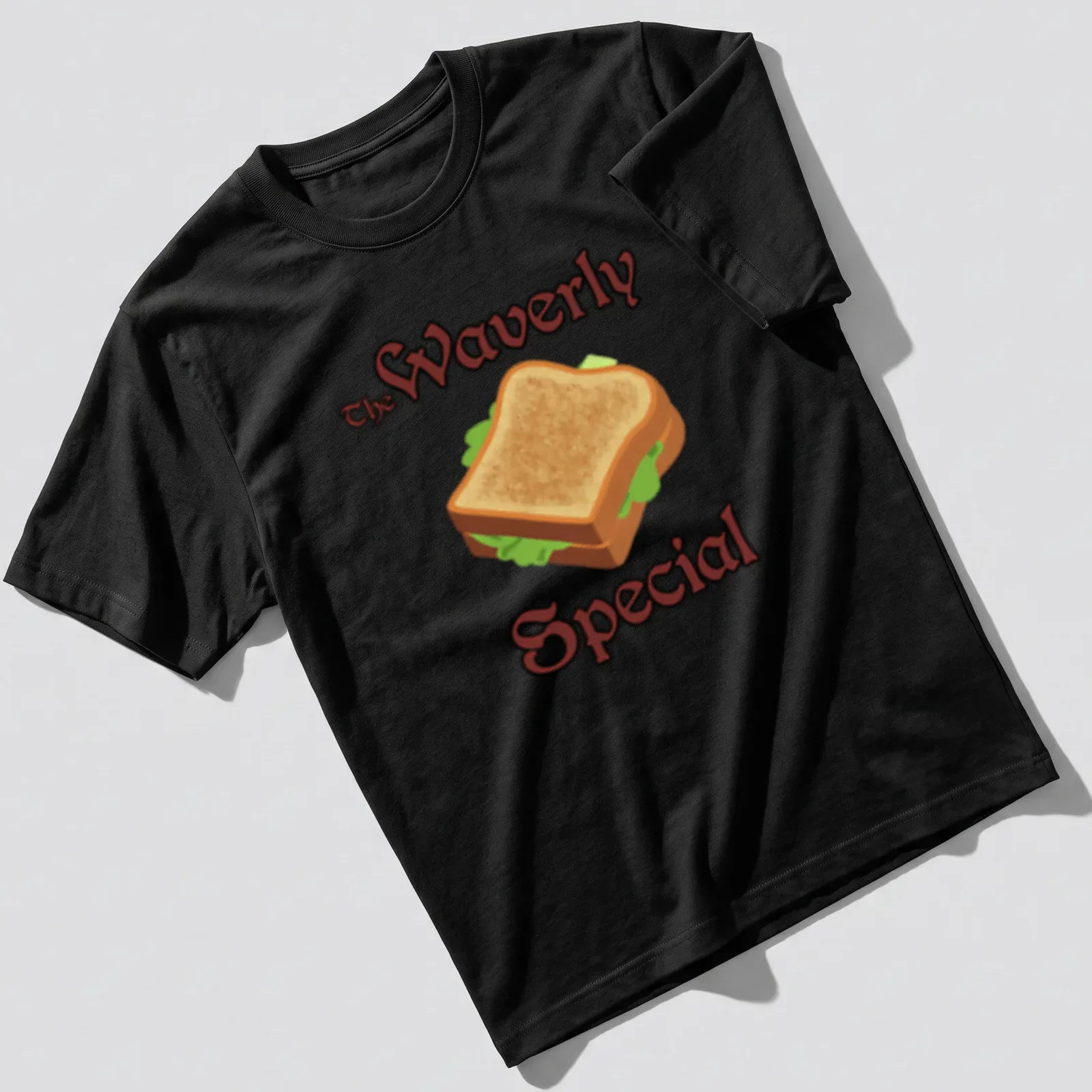 Cartoon-style T-shirt featuring a whimsical sandwich illustration and the text 'The Waverly Special'. — printed on a unisex t-shirt