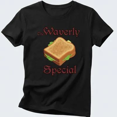 Cartoon-style T-shirt featuring a whimsical sandwich illustration and the text 'The Waverly Special'. — printed on a women's shirt