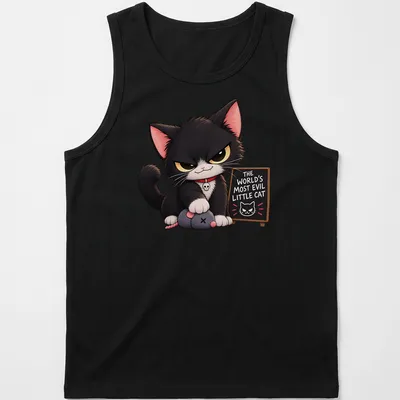 Kawaii-style T-shirt featuring a mischievous black cat and playful text — printed on a tank top