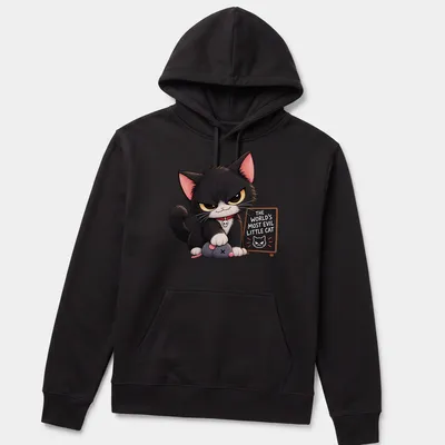 Kawaii-style T-shirt featuring a mischievous black cat and playful text — printed on a unisex hoodie