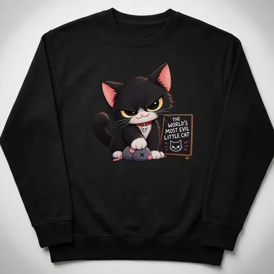 Kawaii-style T-shirt featuring a mischievous black cat and playful text — printed on a unisex sweatshirt