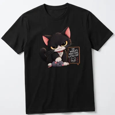 Kawaii-style T-shirt featuring a mischievous black cat and playful text — printed on a unisex t-shirt